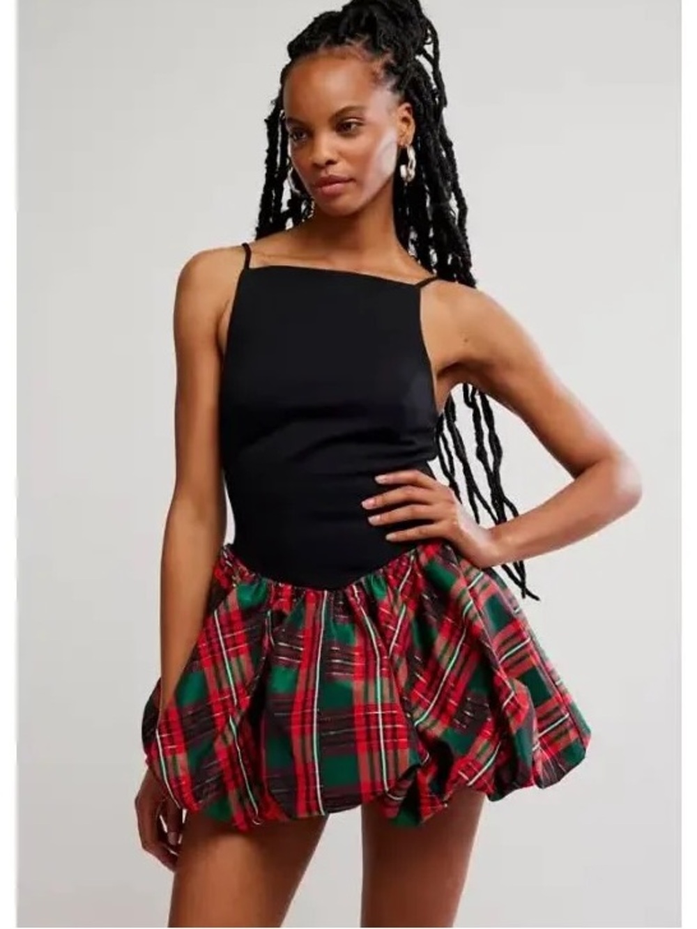 Free People Tinsel Kiss Black Red Plaid Tinsel Bubble Mini Dress Small S NWT Hol